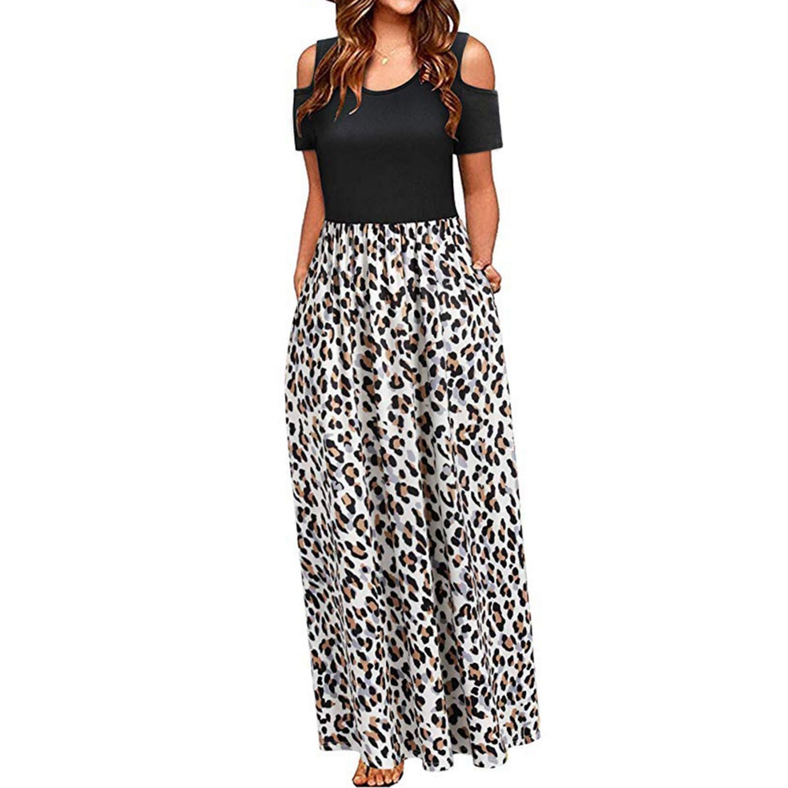 Leopard Round Neck Cold Shoulder Dress - E-Esther Clothing Store