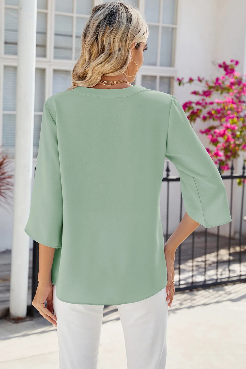 Solid color V-neck mid sleeve chiffon top for women - E-Esther Clothing Store