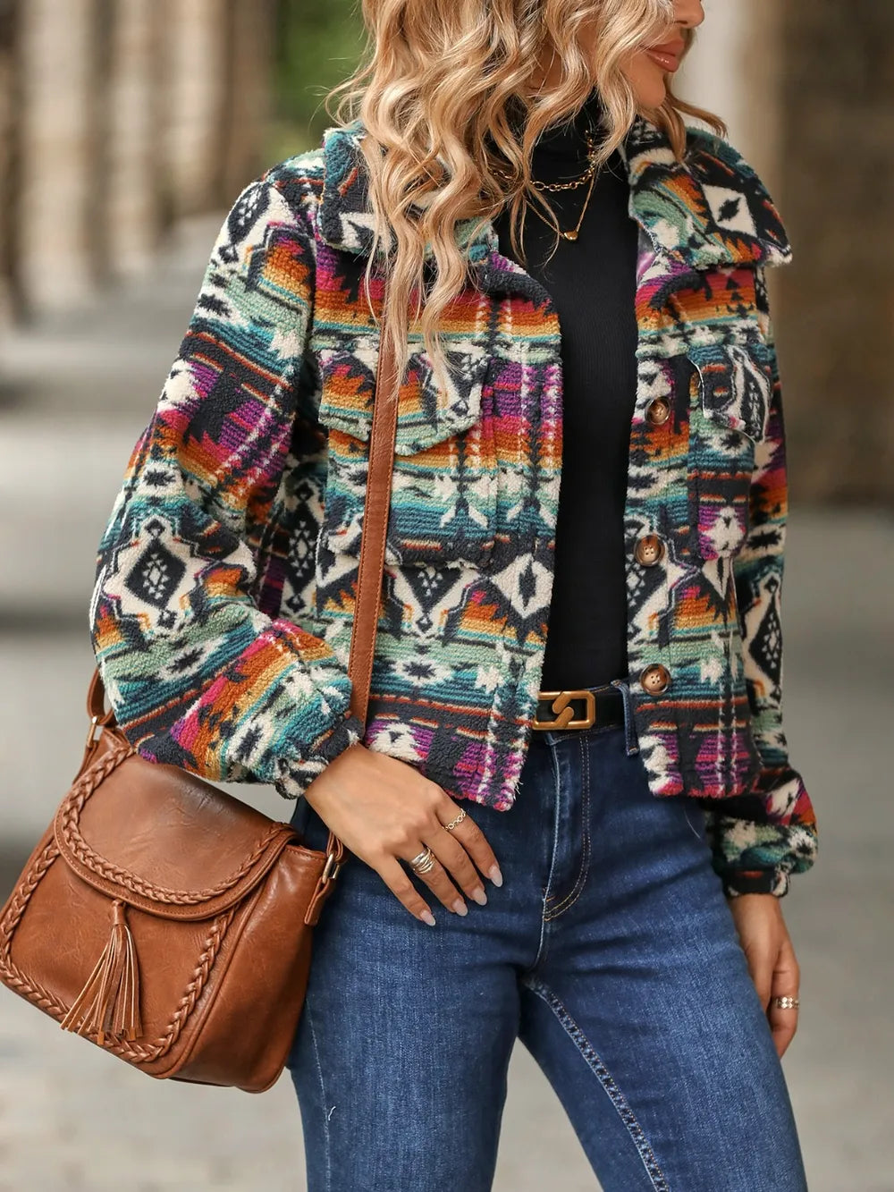 Geometric Dropped Shoulder Balloon Sleeve Outerwear - E-Esther Clothing Store