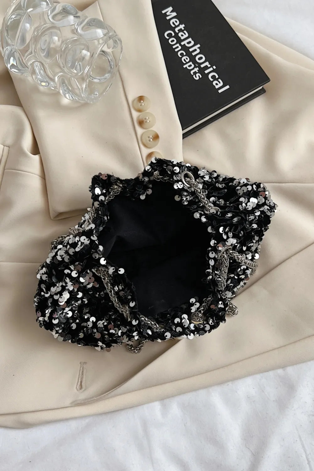 Sequin Chain Drawstring Bucket Bag - E-Esther Clothing Store