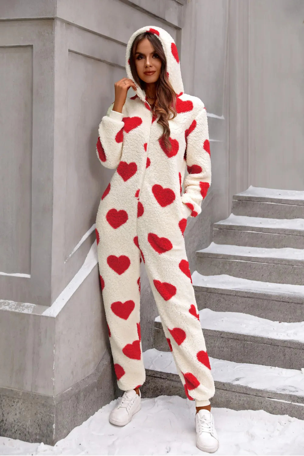 Heart Zip Up Hooded Lounge Jumpsuit - E-Esther Clothing Store