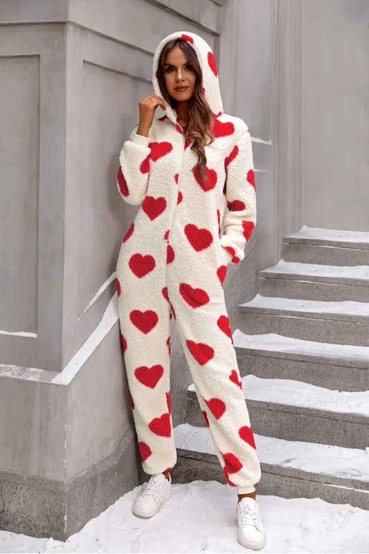 Heart Zip Up Hooded Lounge Jumpsuit - E-Esther Clothing Store