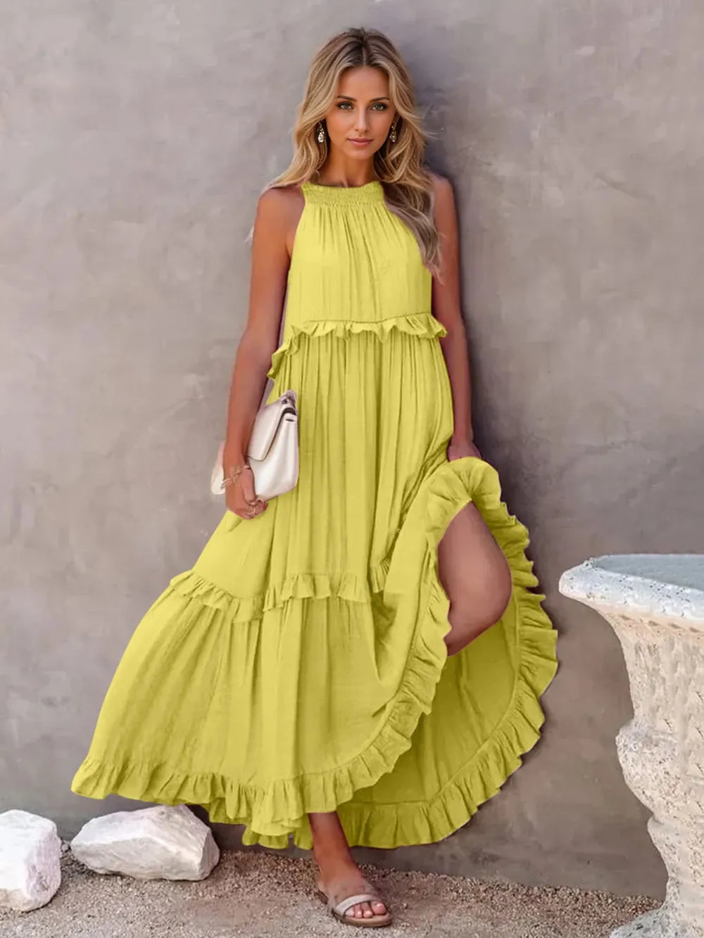 Ruffled Sleeveless Tiered Maxi Dress with Pockets - E-Esther Clothing Store