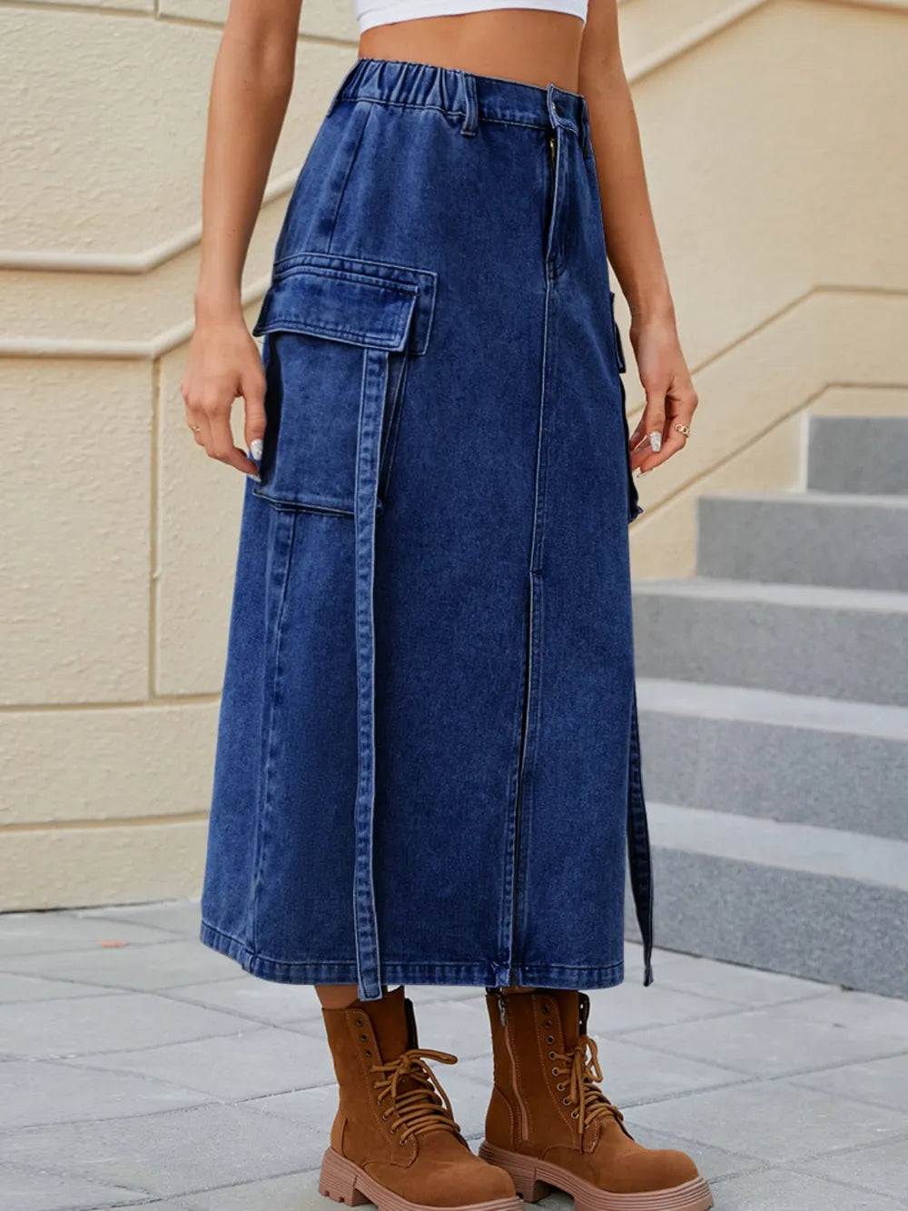 Trendy water washed elastic waistband half skirt
