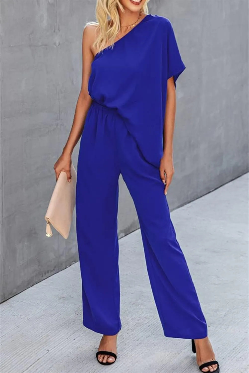 Single Shoulder Short Sleeve Jumpsuit - E-Esther Clothing Store