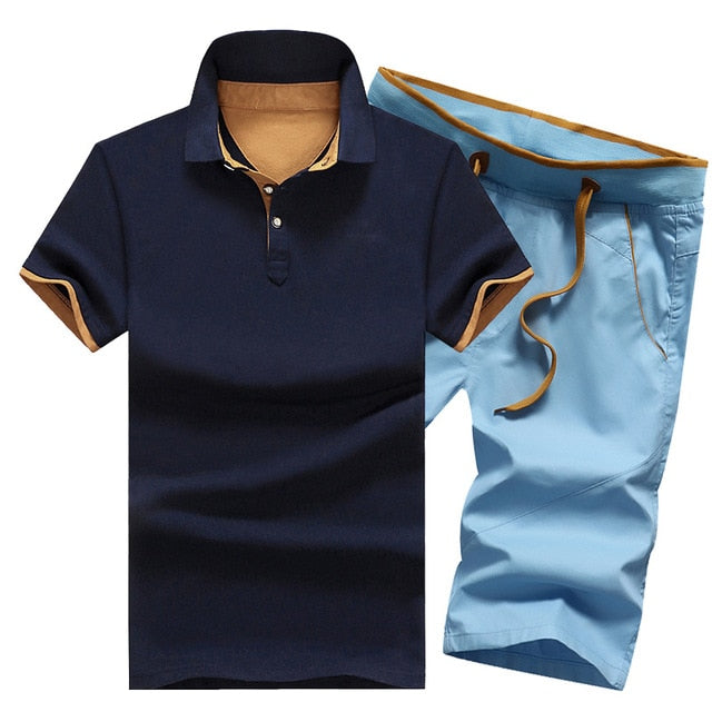 Cotton Mens Sets Summer Button Polo Shirts Sets Turn Down Mens Shorts 4XL Men Clothes 2 Piece Set Elastic Waist Shorts - E-Esther Clothing Store