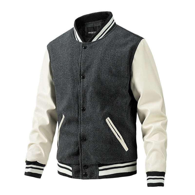 Men's Spring and Autumn New Baseball Collar Jacket with Color blocked Cotton and Large Size Woolen Jacket for Men - E-Esther Clothing Store