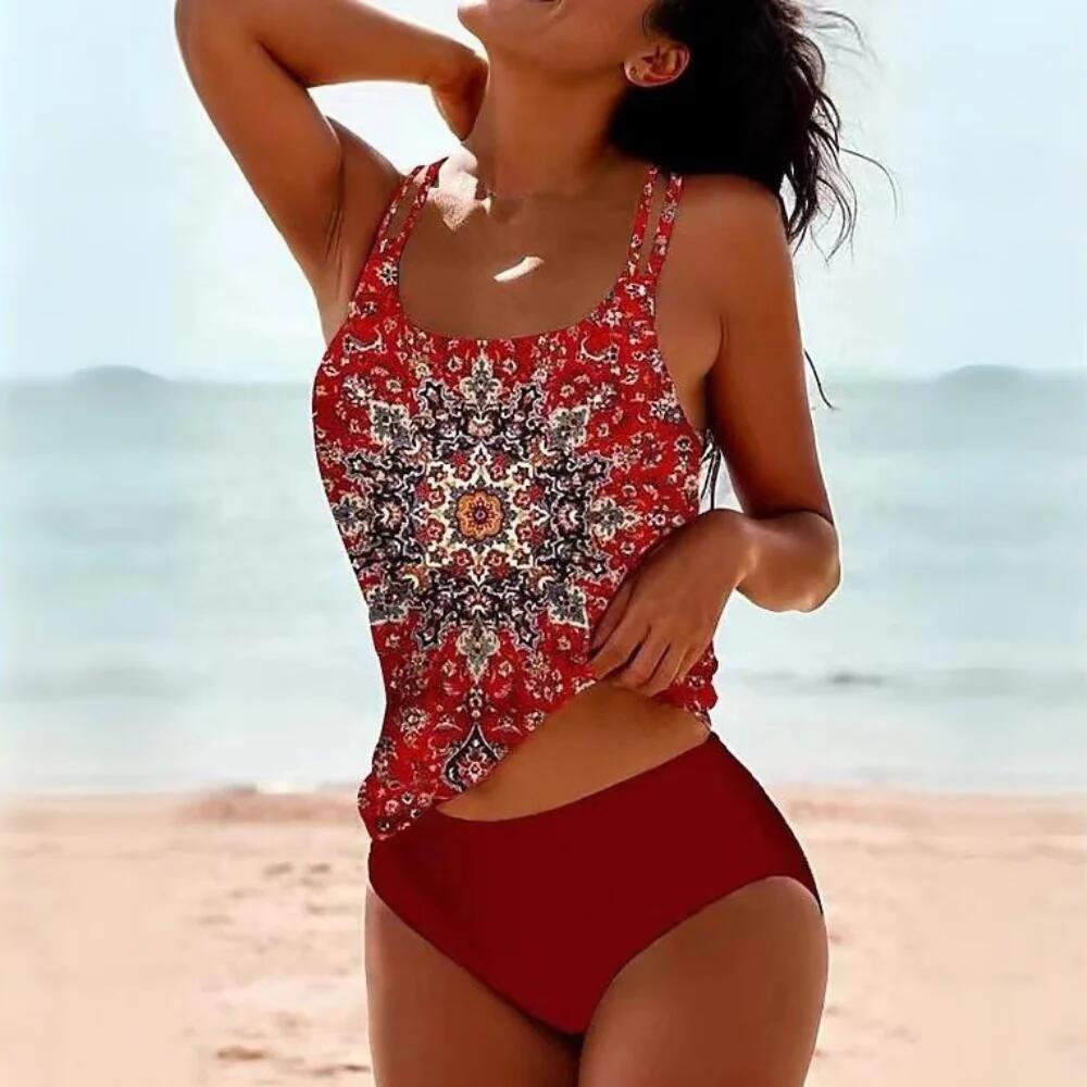 Digital Printed Shoulder Strap Tankini High Waist Triangle Pants Split Swimsuit for Women - E-Esther Clothing Store