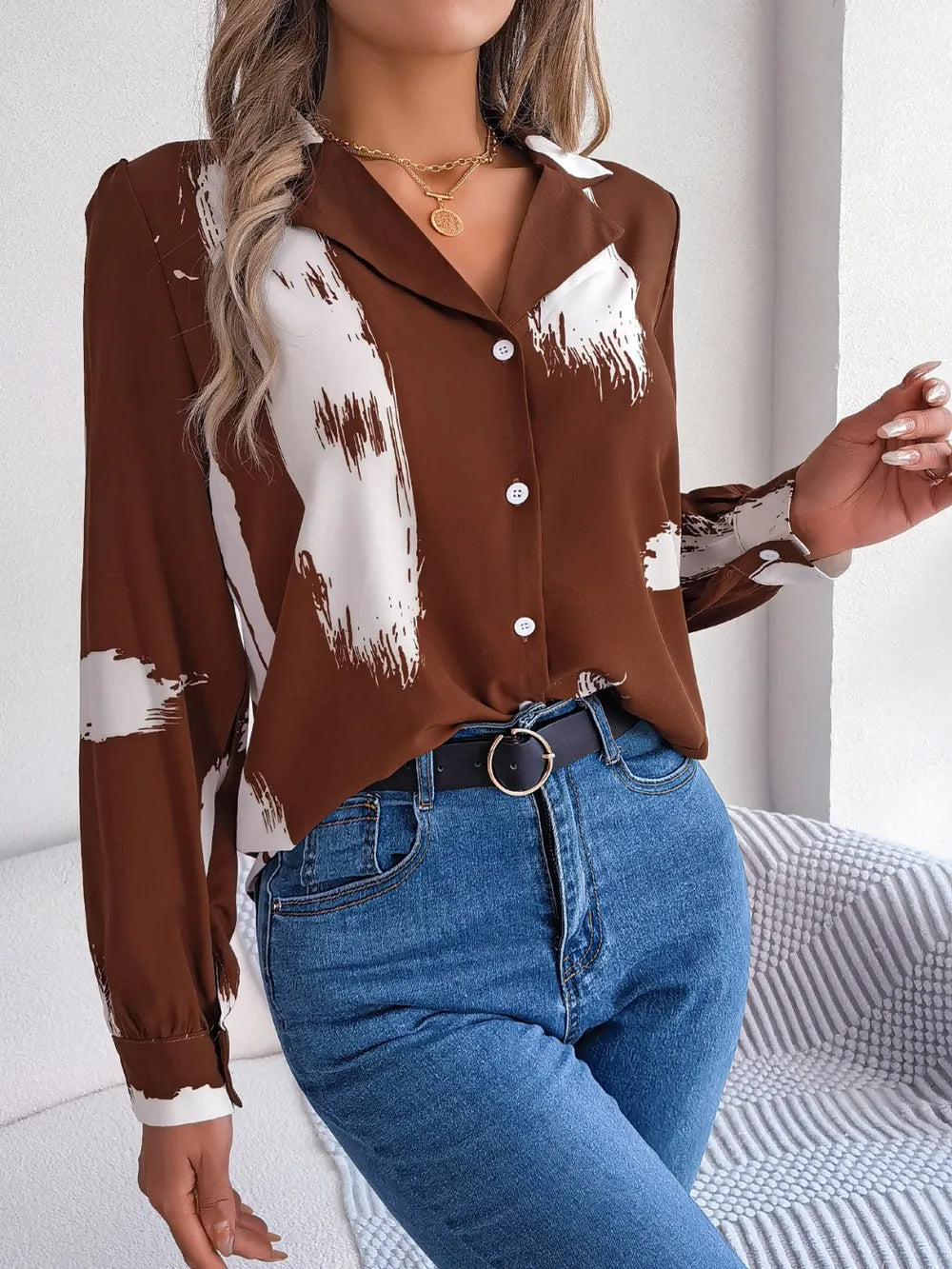 Printed Collared Neck Button Up Shirt - E-Esther Clothing Store