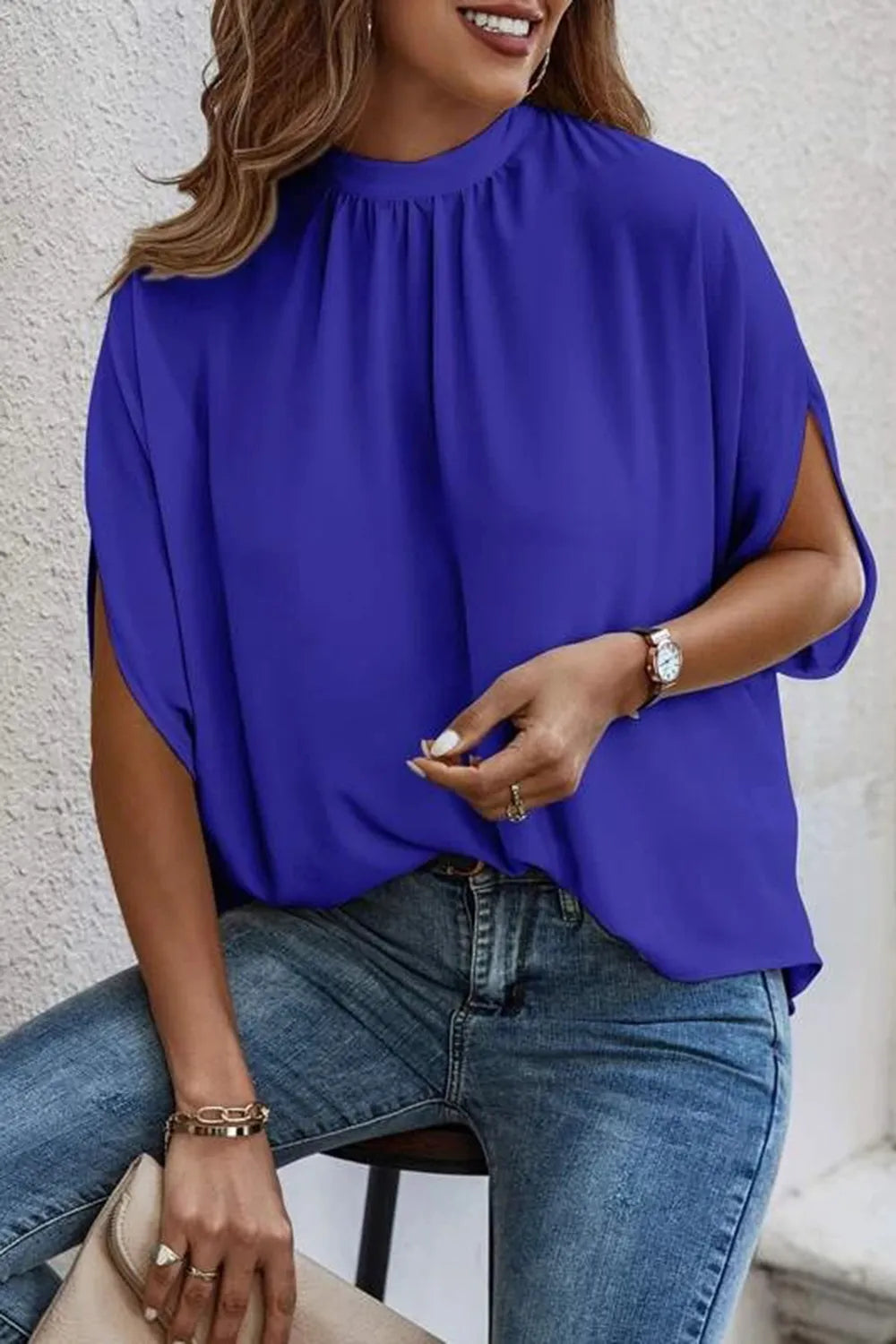 Tie Back Slit Half Sleeve Blouse - E-Esther Clothing Store