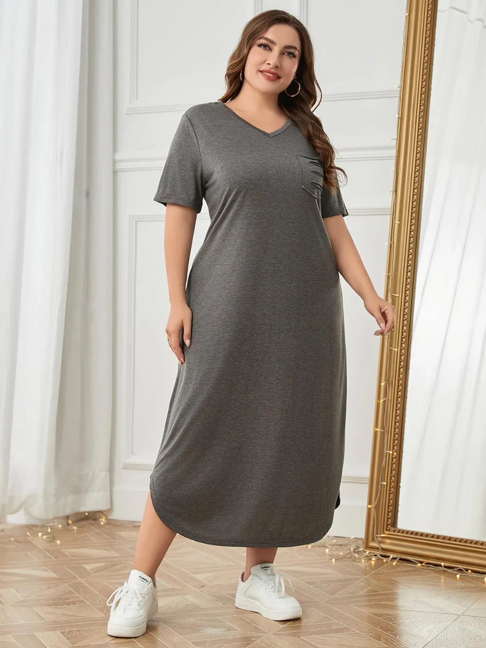 Plus Size Pocketed V-Neck Short Sleeve Lounge Dress - E-Esther Clothing Store