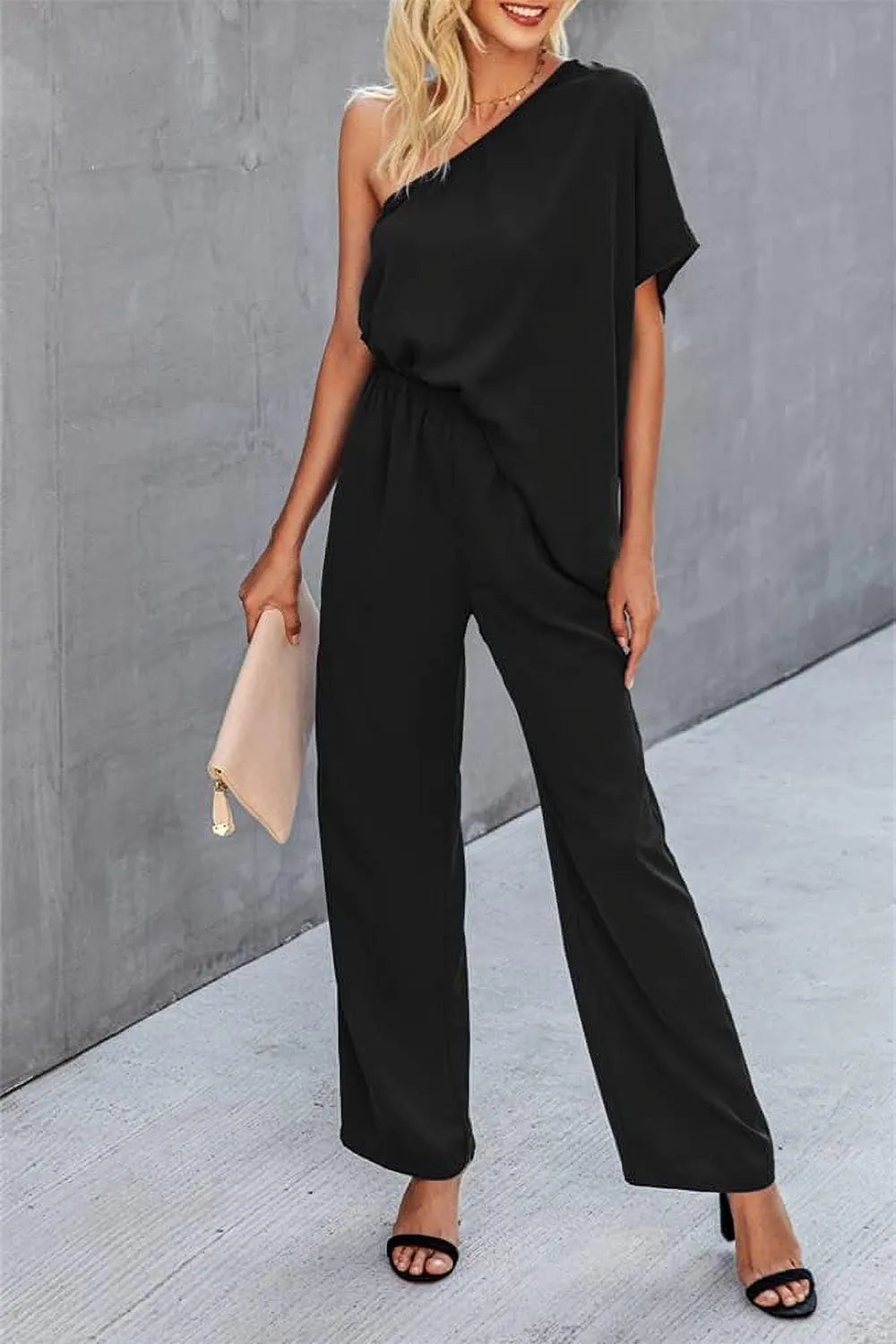 Single Shoulder Short Sleeve Jumpsuit - E-Esther Clothing Store
