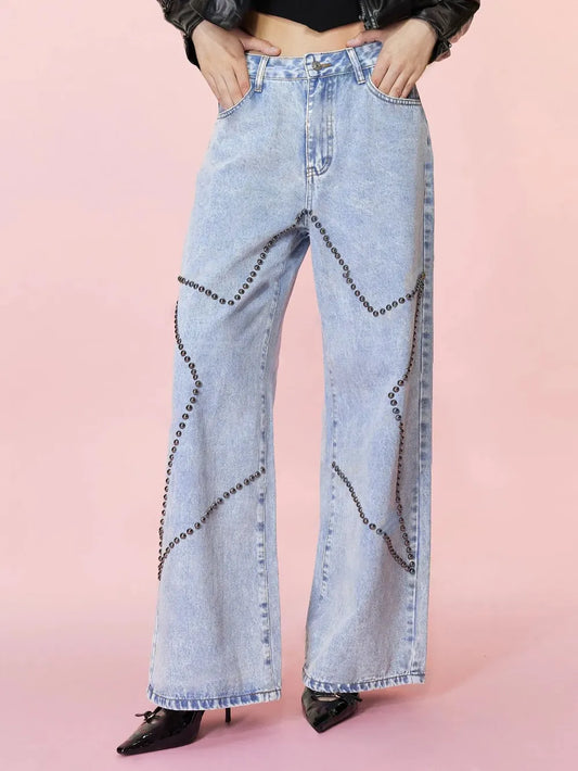 Loose retro nail bead jeans and pants - E-Esther Clothing Store