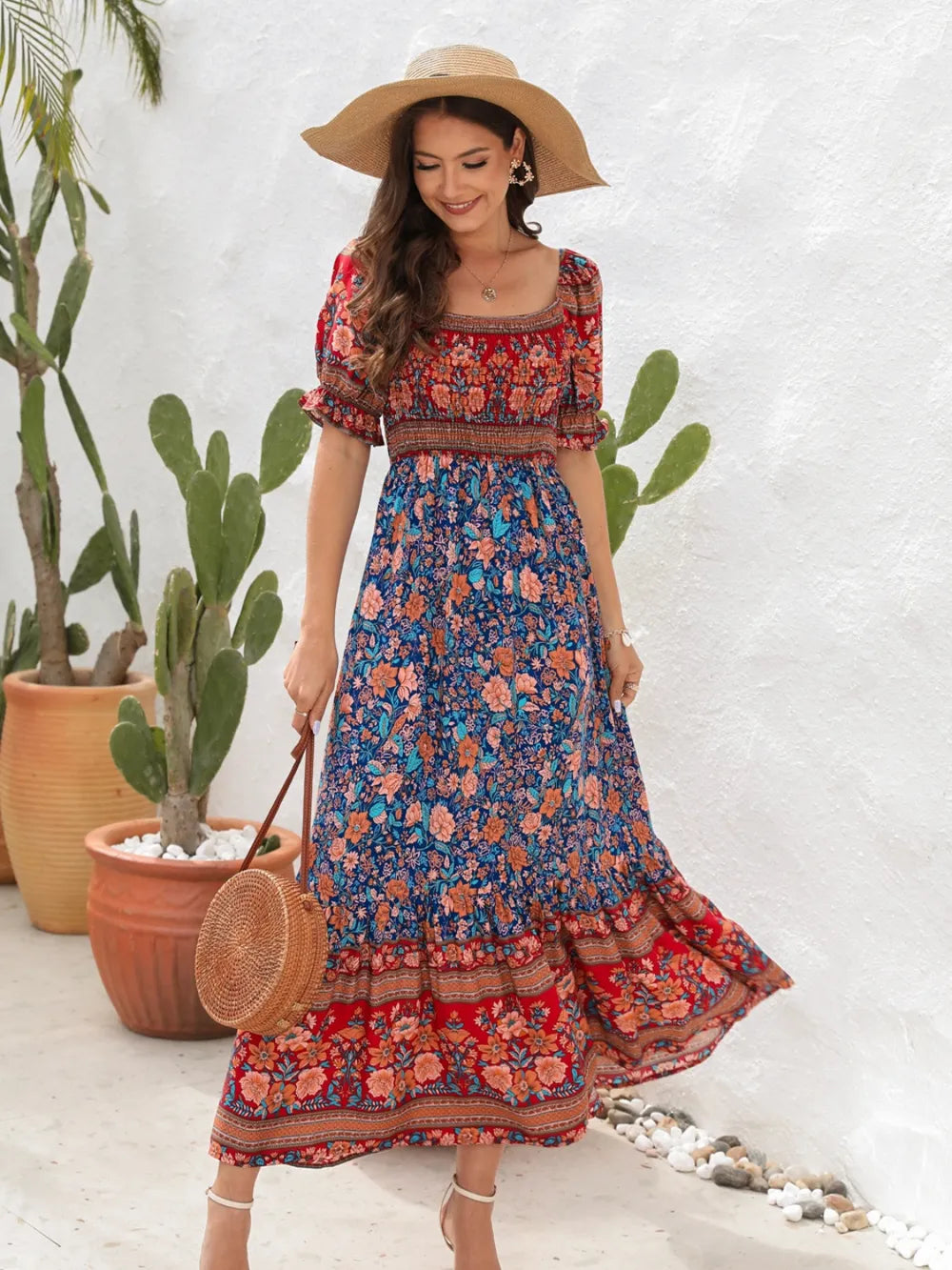 Floral Flounce Sleeve Midi Dress - E-Esther Clothing Store