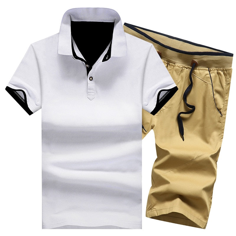 Cotton Mens Sets Summer Button Polo Shirts Sets Turn Down Mens Shorts 4XL Men Clothes 2 Piece Set Elastic Waist Shorts - E-Esther Clothing Store