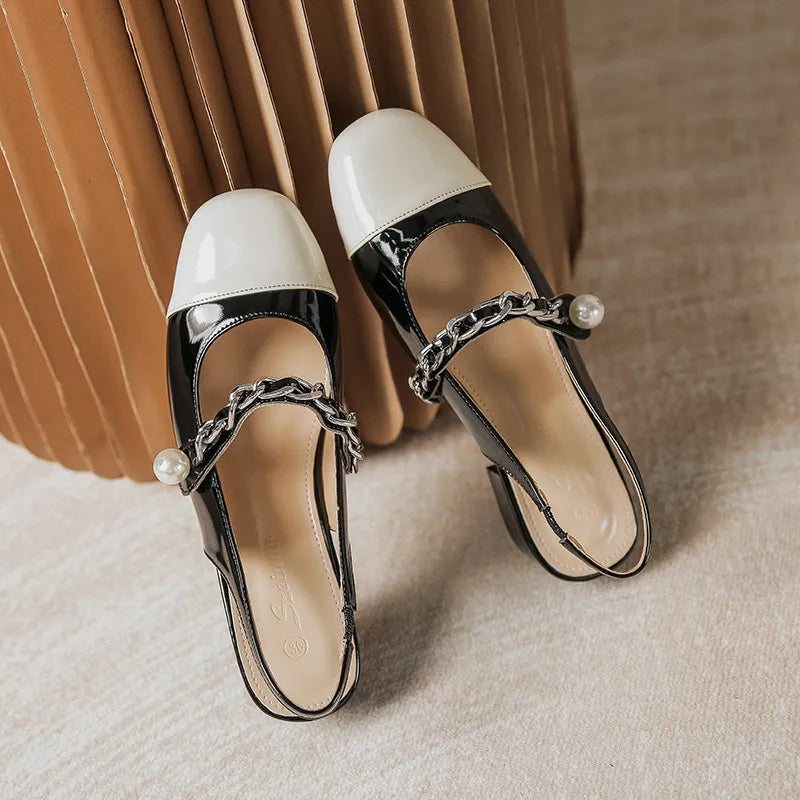 Pearl chain shallow mouth back hollow thick heel color blocked Mary Jane sandals for women - E-Esther Clothing Store