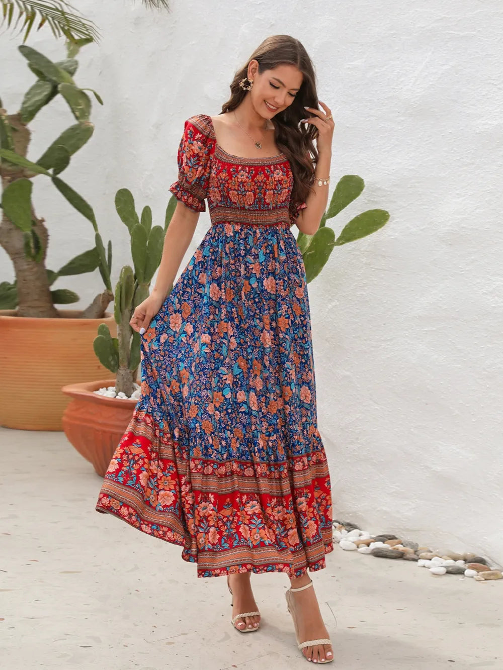 Floral Flounce Sleeve Midi Dress - E-Esther Clothing Store