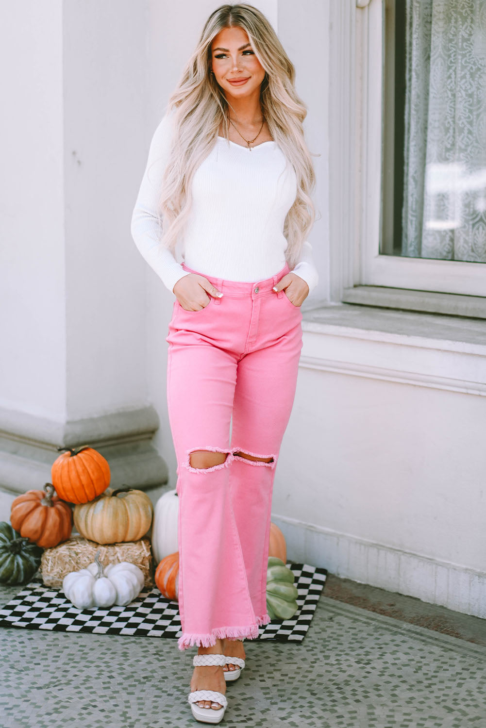 Pink Vintage High Waist Flare Leg Ripped Raw Hem Jeans - E-Esther Clothing Store