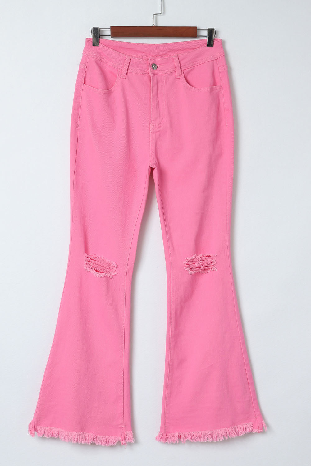Pink Vintage High Waist Flare Leg Ripped Raw Hem Jeans - E-Esther Clothing Store