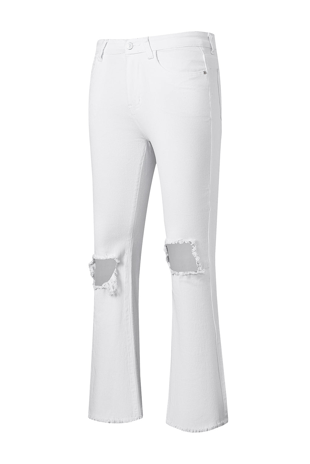 White Distressed Hollow-out Knee Frayed Flare Jeans - E-Esther Clothing Store